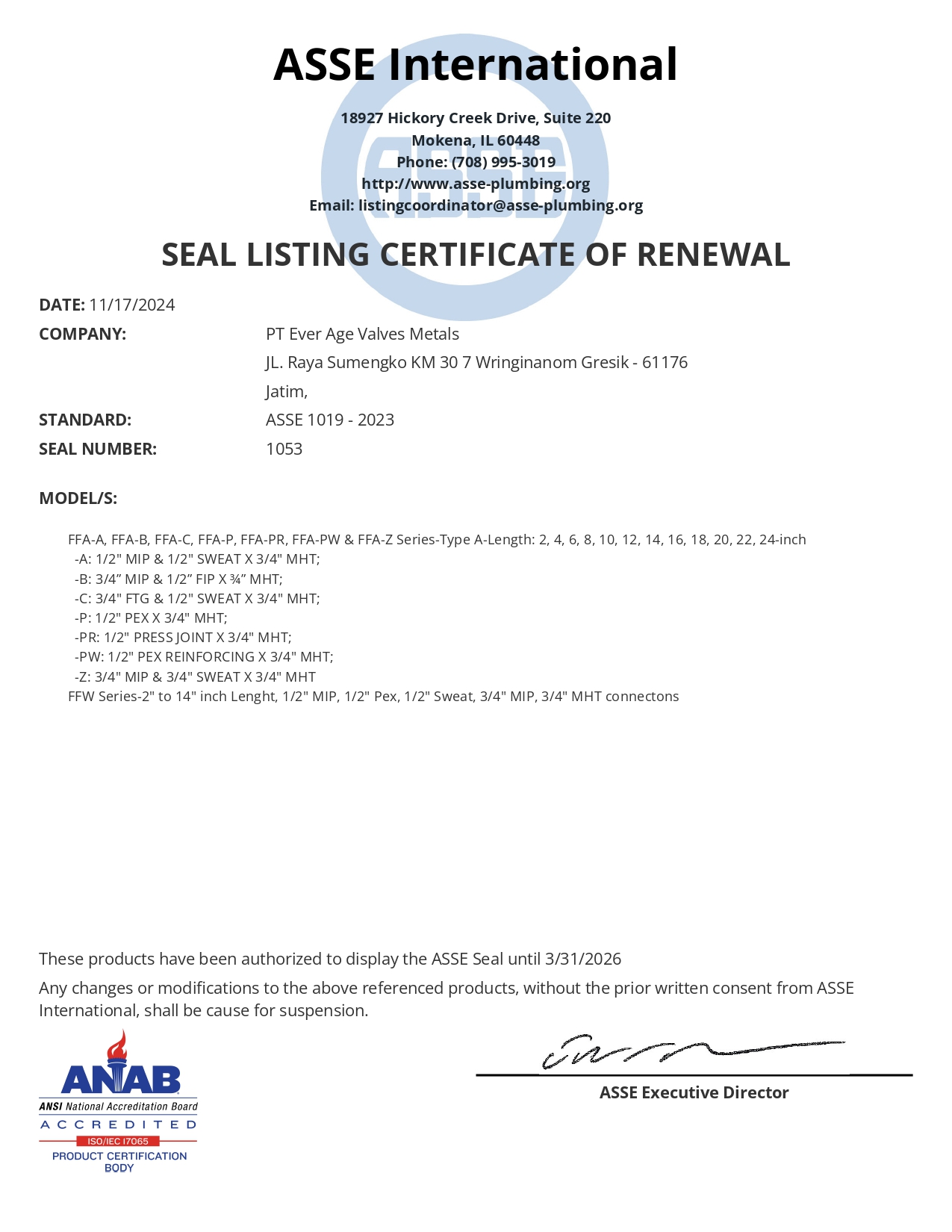 ASSE SEAL 1053 CERT 3.31.26