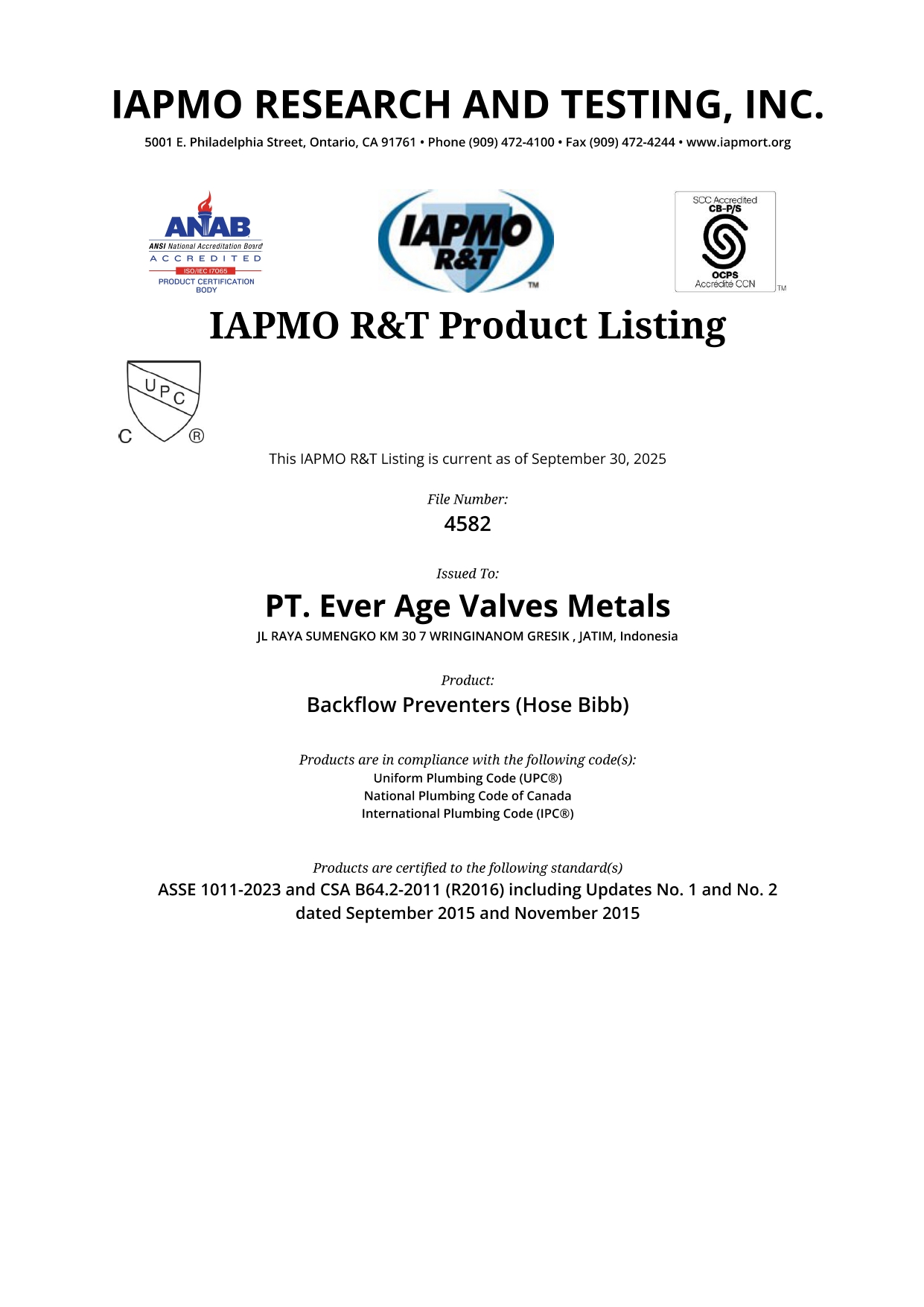 IAPMO 4582